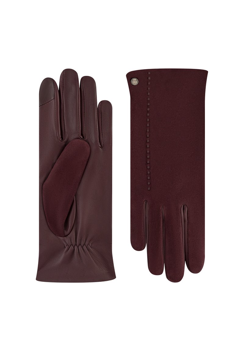 Bordeaux Lederhandschuhe mit einer glatten Textur, versehen mit einem gerafften Handgelenk und einem kontrastierenden, weicheren Material auf der Handfläche für besseren Halt.