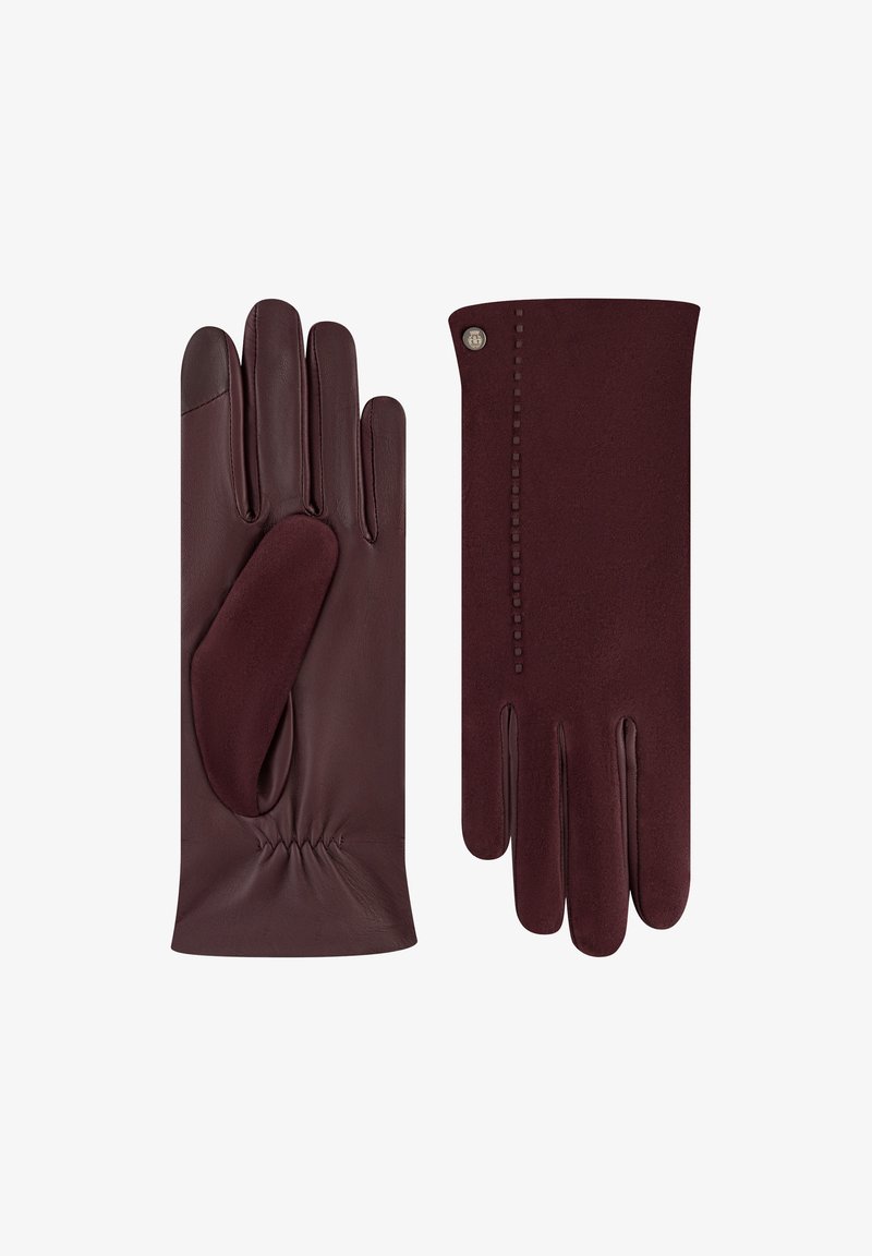 Bordeaux Lederhandschuhe mit einer glatten Textur, versehen mit einem gerafften Handgelenk und einem kontrastierenden, weicheren Material auf der Handfläche für besseren Halt.