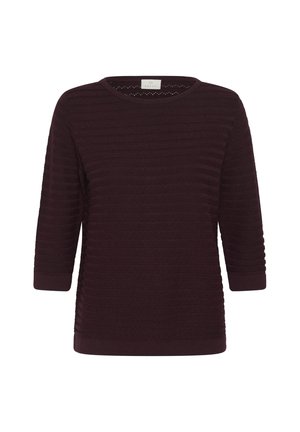 Tmavofialový pletený sveter s horizontálnymi textúrovanými pruhmi, trojštvrťovými rukávmi a okrúhlym výstrihom.