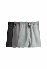 Tre paia di pantaloni corti in diverse tonalità: nero, grigio e grigio chiaro. Realizzati in morbido tessuto con vita elasticizzata e cordoncino.