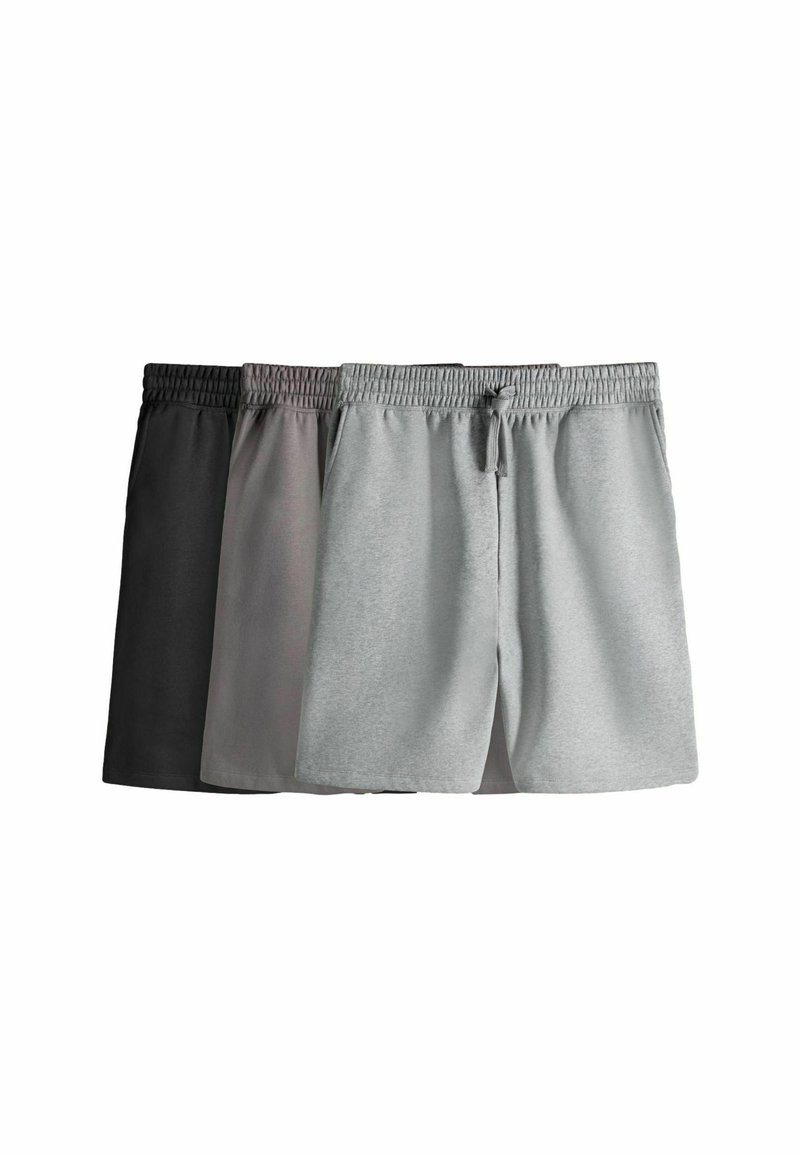 Tre paia di pantaloni corti in diverse tonalità: nero, grigio e grigio chiaro. Realizzati in morbido tessuto con vita elasticizzata e cordoncino.