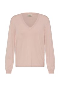 Pull en maille rose clair présentant un col en V, des manches longues et des poignets côtelés. Texture douce avec une coupe décontractée, idéale pour être portée en couche.