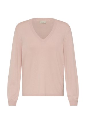 Svetlo roza pleten pulover z V-izrezom, dolgimi rokavi in rebrastimi manšetami. Mehka tekstura z udobnim krojem, primeren za plastenje.