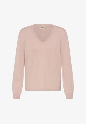 Svijetloružičasti pleteni džemper s V-izrezom, dugim rukavima i rebrastim rubovima. Mekana tekstura s opuštenim krojem, prikladan za slojevito oblačenje.