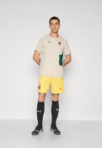 Lys grå T-skjorte med grønne detaljer og en logo, sammen med gule shorts med en logo, sorte sokker og sorte treningssko.