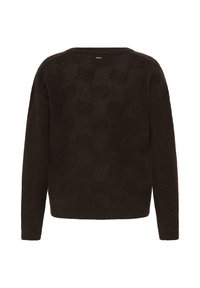 Pull en tricot à manches longues brun foncé avec un motif texturé subtil, poignets et ourlet côtelés, vu de dos.