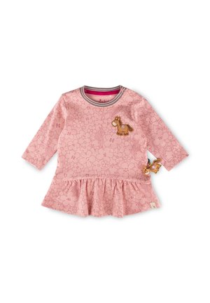 Rosa Langarmkleid mit Blumendruck, gerafftem Rock und einer Pferdeapplikation auf der Brust. Verfügt über einen gestreiften Ausschnitt und strukturierte Stoff.
