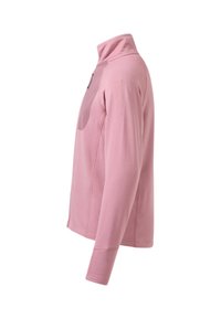 Jersey polar rosa de manga larga con media cremallera y cuello alto, mostrado de lado sobre un fondo blanco.