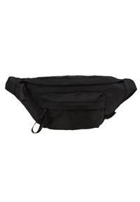 Riñonera negra hecha de tejido de malla, con un compartimento principal y un bolsillo frontal con cremallera, con correas ajustables y una textura suave.