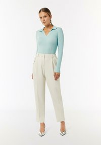 Helles blaus geripptes Langarmshirt mit V-Ausschnitt und Kragen, kombiniert mit hochgeschnittenen, cremefarbenen Hosen und silbernen spitzen Pumps.