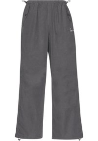 Šedé kalhoty s širokými nohavicemi, elastickým pasem, dvěma postranními kapsami a regulovatelnými šňůrkami na lemu. Hladký materiál, ležérní design.
