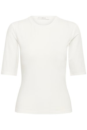 White fitted short-sleeve top with round neckline and label "GESTUZ" at the collar.