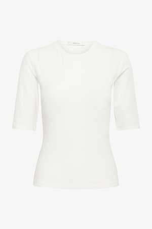 Valge lühikeste varrukatega keha järgnev top ümar kaelusega ja krae juures sildiga "GESTUZ".