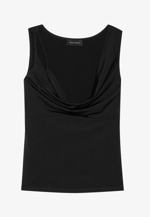 Schwarzes ärmelloses Top mit einem drapierten Ausschnitt, aus weichem Stoff gefertigt. Verfügt über ein figurnahes Design und eine glatte Textur mit geradem Saum.