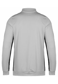 Giacca grigia con colletto, maniche lunghe e pannelli laterali neri a contrasto. Texture liscia e polsini elastici all'orlo.