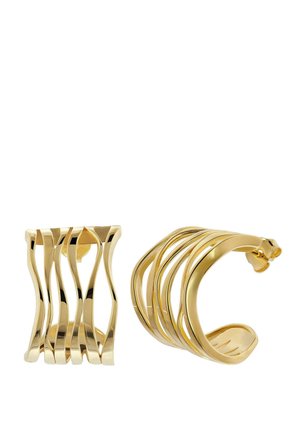 Pair of gold-tone metal earrings with open, wavy vertical bars and a modern curved design with post back closures.