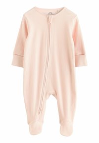 Bodysuit pour bébé en rose pâle côtelé avec des manches longues et une fermeture éclair diagonale sur le devant pour un habillage et un changement faciles.