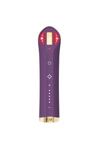 Purple handheld device with a gold base, featuring a luminous display, red LED indicators, and control buttons on the front.