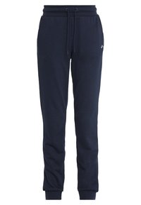 Mörkblå träningsbyxor i mjukt material, med elastisk midja och dragsko samt ribbade ärmavslut vid anklarna.