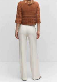 Haut en maille court couleur rouille avec détails en dentelle, associé à un pantalon blanc à jambes larges. Texture de tissu lisse et ourlet festonné.