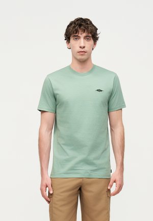 Ung mand med krøllet hår iført en lysegrøn kortærmet t-shirt og beige bukser, står foran en ensfarvet lys baggrund.
