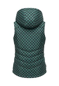 Grön och svart mönstrad puffväst med huva, med quiltad textur och sidoglada dragkedjor. Designad för värme och rörlighet.
