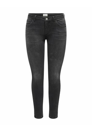Jean skinny noir avec bouton et poches à l'avant, texture légèrement délavée, étiquette "ONLY" sur la ceinture.