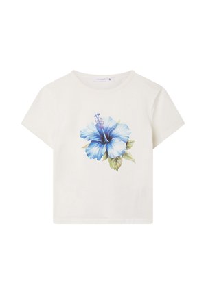 Maglietta bianca a maniche corte con una grande stampa floreale di ibisco blu sul davanti. Tessuto in cotone morbido con una vestibilità rilassata.