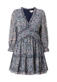 Robe à imprimé floral avec un décolleté en V, un col froncé, des manches longues et une jupe à volants. Les couleurs incluent le marine, le rose et le bleu clair sur un fond sombre.