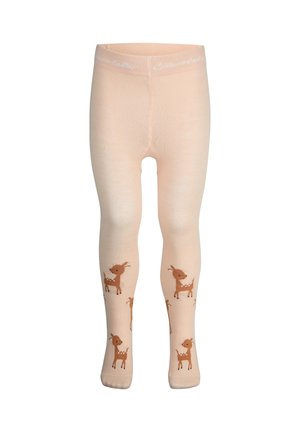 Beige Strumpfhosen aus weichem Stoff mit glatter Textur, versehen mit einem wiederholten braunen Rehmuster entlang der Beine und einem schlichten Bund.