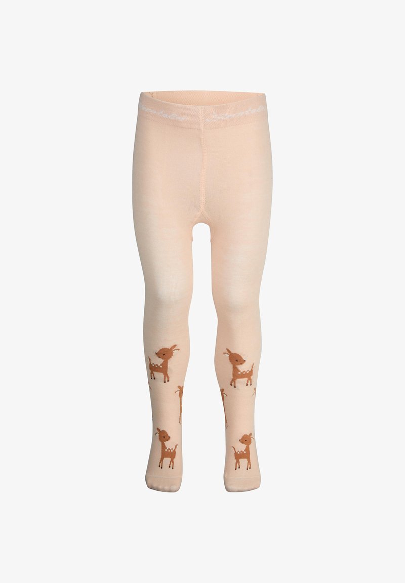 Beige Strumpfhosen aus weichem Stoff mit glatter Textur, versehen mit einem wiederholten braunen Rehmuster entlang der Beine und einem schlichten Bund.