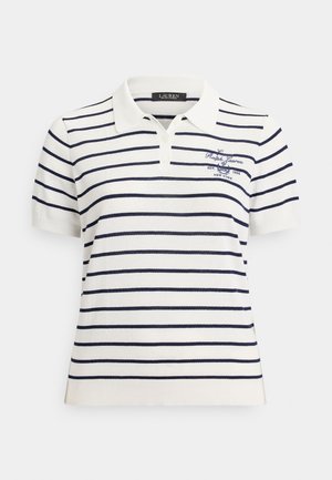 Weißes Poloshirt mit kurzen Ärmeln, navyblaue horizontale Streifen und gesticktes "Ralph Lauren"-Logo auf der Brust, mit Kragen und Knopfleiste.