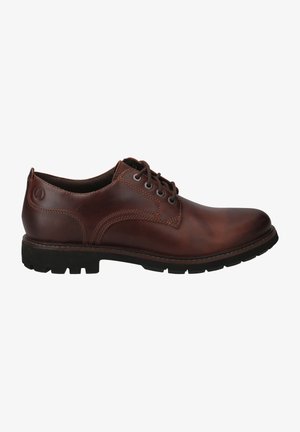 Scarpa in pelle marrone con lacci, punta rotonda, cuciture a contrasto e suola in gomma testurizzata con battistrada a motivo.