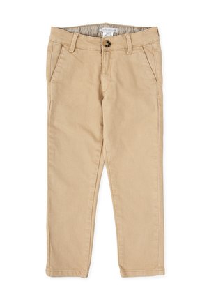 Pantalones de niño en color beige claro, elaborados con una mezcla de algodón. Cuentan con dos bolsillos frontales, un cierre de botón único y un corte recto en las piernas.