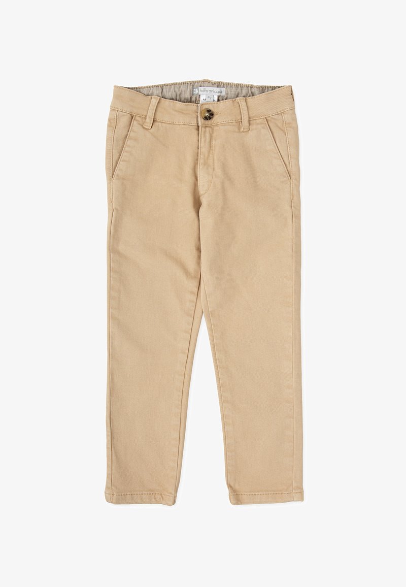 Pantalons d'enfants beige clair en mélange de coton. Comprend deux poches avant, une fermeture à un bouton et une coupe droite.