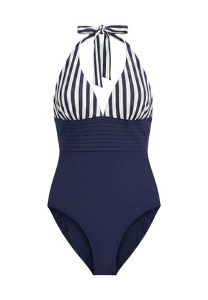 Costume intero blu navy con top a righe verticali bianche e blu navy e fiocco annodato al collo.