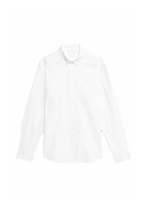 Bílá košile s dlouhým rukávem a límečkem na knoflíky, vyrobená z hladké látky, s klasickým střihem a plným uzávěrem na knoflíky.