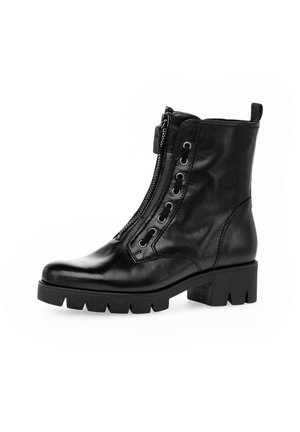Black leather ankle boots with a side zipper, lace detailing, chunky sole, and a textured finish for durability and grip.