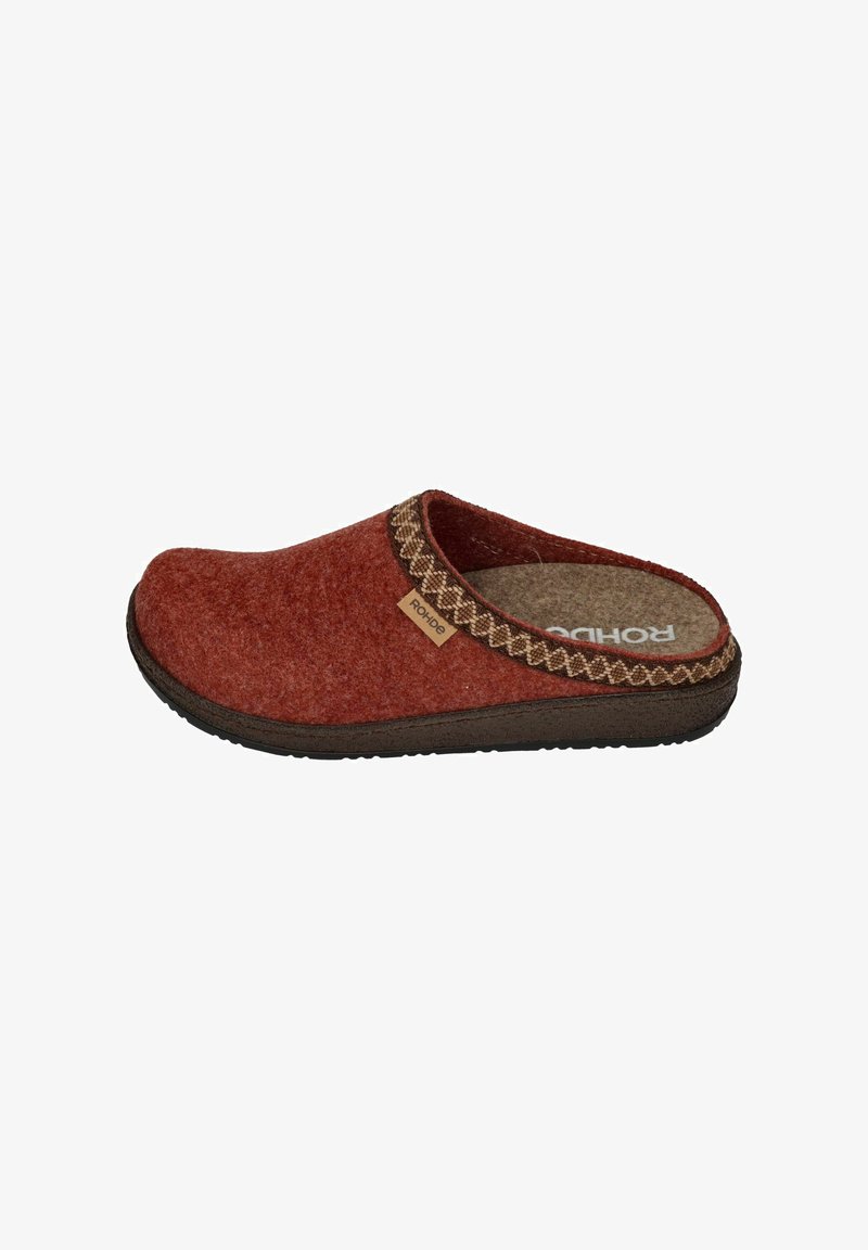Red felt slip-on clog with a textured brown and beige woven trim around the opening and a cushioned insole. Rubber outsole for grip.