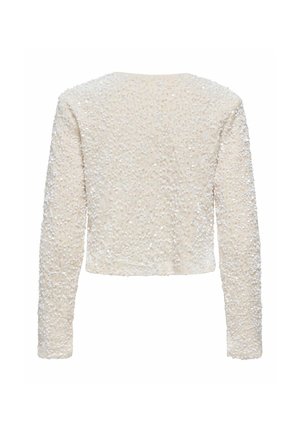Langsleeve, crème-kleurige cropped top bedekt met kleine, glanzende sequins, van de achterkant gezien tegen een witte achtergrond.