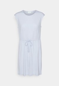 Vestido sem mangas de tom azul claro com decote redondo, faixa na cintura e corte descontraído. Tecido em mistura de algodão suave com textura lisa.