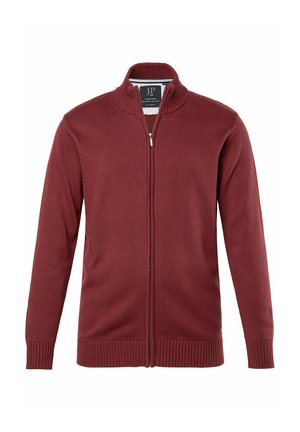 Bordeauxfarbener Reißverschluss-Pullover mit strukturiertem Rippdesign, hohem Kragen und langen Ärmeln. Verfügt über einen Reißverschluss und eine dezente Markenkennzeichnung auf dem Etikett.