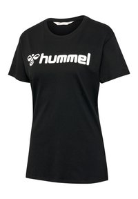 Schwarzes Baumwoll-T-Shirt mit Rundhalsausschnitt und kurzen Ärmeln, mit einem auffälligen weißen "hummel"-Logo auf der Vorderseite.