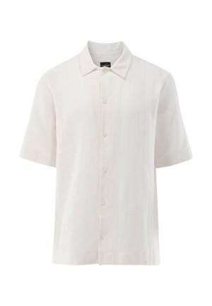 Kurzärmeliges Hemd in Hellbeige aus strukturiertem Stoff, mit spitzem Kragen, durchgehender Knopfleiste und lockerem Schnitt mit horizontalen Streifen.
