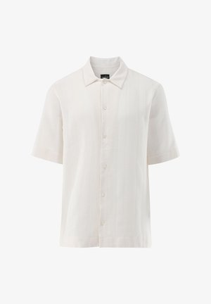 Kurzärmeliges Hemd in Hellbeige aus strukturiertem Stoff, mit spitzem Kragen, durchgehender Knopfleiste und lockerem Schnitt mit horizontalen Streifen.