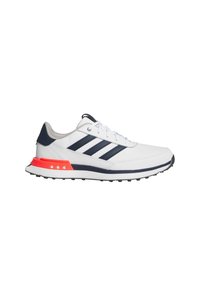 Vita sneakers med marinblå ränder, grå detaljer och en ljusorange sula. Tillverkade av slät syntetiskt material med en lågprofildesign.