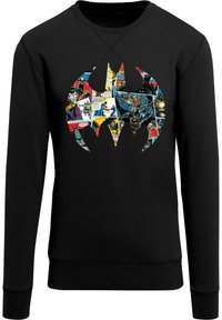 Sort sweatshirt med et stort Batman-logo lavet af farverige collage fra tegneserier. Lange ærmer, rund hals og ribbede manchetter.