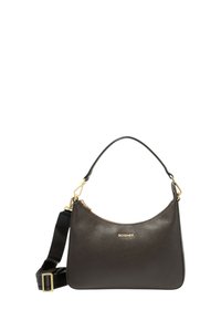 Ciemnobrązowa skórzana torebka z fakturowanym wykończeniem, z pojedynczym zakrzywionym uchwytem oraz odpinanym czarnym paskiem z złotymi akcentami.