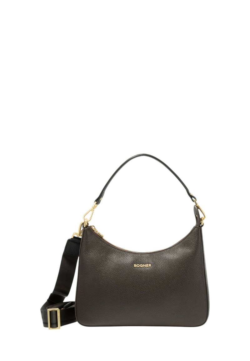 Ciemnobrązowa skórzana torebka z fakturowanym wykończeniem, z pojedynczym zakrzywionym uchwytem oraz odpinanym czarnym paskiem z złotymi akcentami.