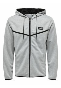 Sudadera gris con cremallera y detalles en negro, que cuenta con capucha ajustable, bolsillos frontales y un parche con el logo en el pecho. Tejido suave con textura lisa.